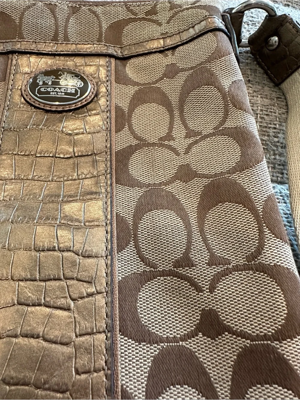 Coach Signature Canvas w/Croc-Embossed Leather Trim Swingpack Crossbody Bag EUC